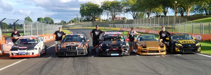 Alan Greig and his IPC racing car mates lined up on the Pukekohe Park race track
