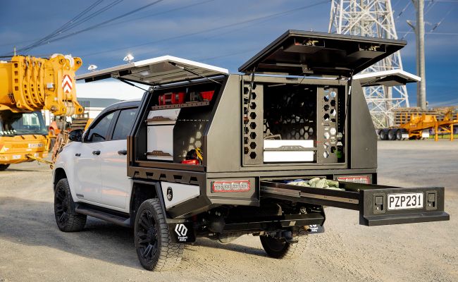 Ute fitout by Forged Alloy: Service body with full storage system.
