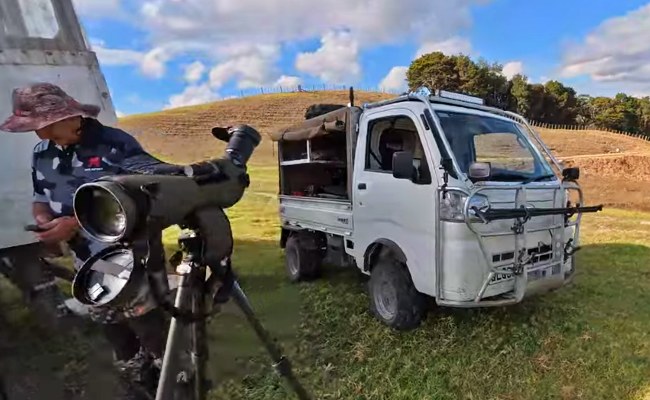 The side-by-side hunting support vehicle towed by Fraser behind the Ineos Grenadier.